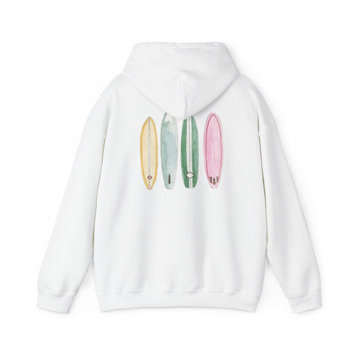 White hoodie back print of four colorful watercolor-style surfboards in yellow, teal, green, and pink